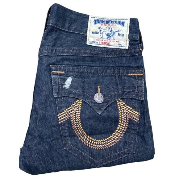 Vintage True Religion Jeans Size 33 STRAIGHT GEM HORSESHOE Blue - Picture 1 of 7